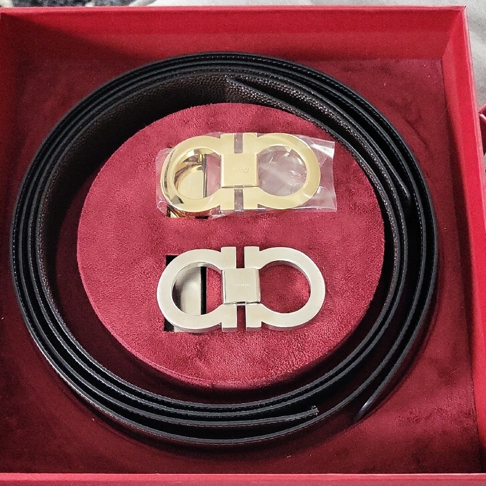 Salvatore Ferragamo Black/Brown Reversible Belts(2) with Gold and Silver Buckles
